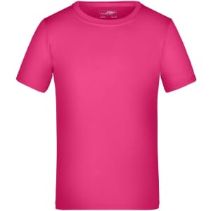 A pink T-shirt with short sleeves, featuring a tag and a brand logo.