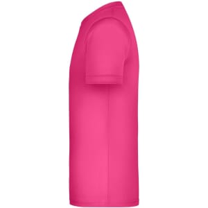 A pink T-shirt in a side view, featuring a simple design and a smooth fabric texture. It has a logo on the garment.