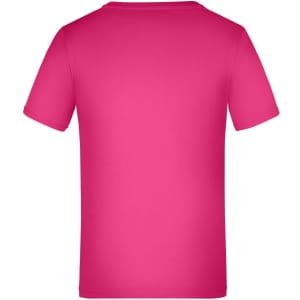 A bright pink T-shirt with short sleeves and a classic cut, featuring a logo on the back.