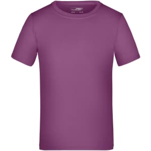 A purple short-sleeved T-shirt with a round neckline. It features a simple design and has a logo.