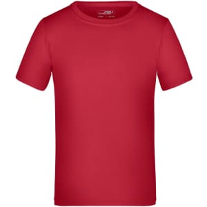 A red T-shirt featuring a round neck and short sleeves, with a logo on the label inside.