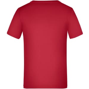 A plain red t-shirt with short sleeves, featuring a logo on the back.