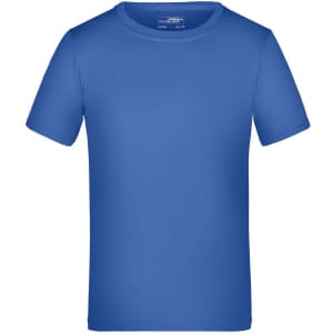 A blue T-shirt with short sleeves and a round neckline, featuring a logo on the label.