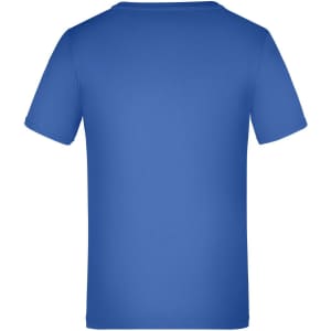 A blue short-sleeved T-shirt featuring a plain design and a logo on the back.