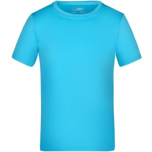 A bright blue short-sleeved t-shirt featuring a logo. Suitable for active wear.