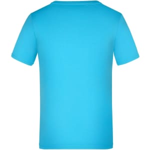 A plain blue T-shirt with short sleeves and a round neckline, featuring a brand logo on the back.