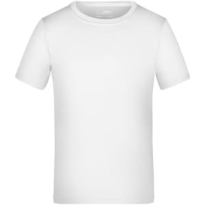A white short-sleeve T-shirt with a round neckline, featuring a logo on the fabric.