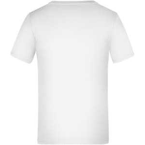 A plain white t-shirt with short sleeves and a round neckline, featuring a logo on the back.