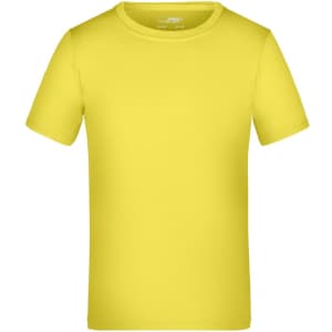 A bright yellow T-shirt with short sleeves and a crew neckline. It features a logo on the inside label.