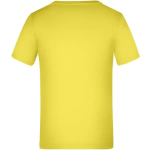 A bright yellow t-shirt with a short-sleeved design and a plain back. It features a logo on the label.