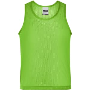 A bright green mesh tank top with a sleeveless design and a round neckline. It features a logo on the label.