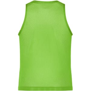 A green mesh sports vest featuring a sleeveless design and a breathable fabric. There is a logo on the back.