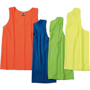 A collection of four tank tops in vibrant orange, blue, green, and bright yellow, featuring a logo on each.