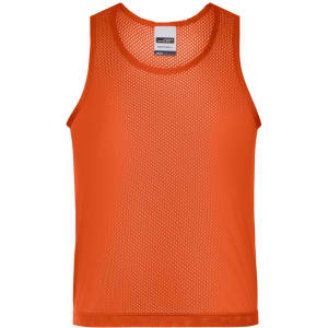 An orange mesh training tank top with a textured fabric and a simple design. It features a label inside the neckline.