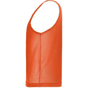 An orange mesh training vest with a sleeveless design and a breathable fabric. It features a logo on the front.