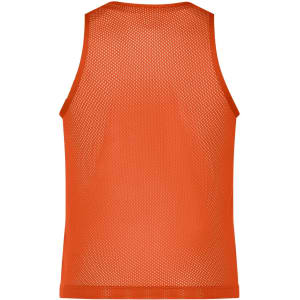 An orange mesh training vest with a breathable design and a backless style. It features a logo on the side.