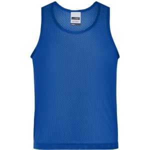 A blue mesh tank top is displayed against a white background, featuring a classic sleeveless design and a branding label.