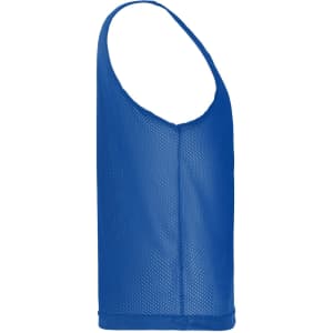 A blue mesh training singlet with a sleeveless design and a rounded neckline. Features a branding logo.