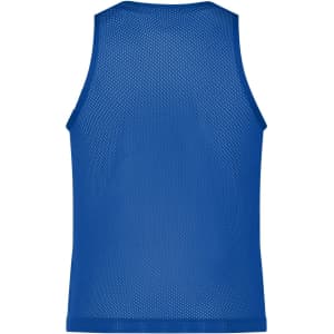 A blue mesh tank top with a sleeveless design, featuring a breathable fabric for comfort.