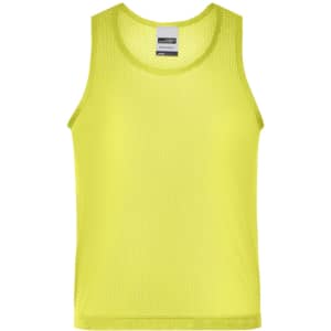 A bright yellow mesh tank top with a crew neck and a logo on the inside label.