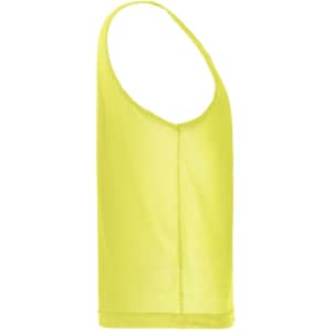 A lightweight, yellow mesh tank top with a scoop neckline and a loose fit. It features a logo on the front.