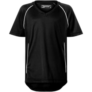 A black t-shirt featuring short sleeves, a v-neck, and contrasting side piping. It has a logo or branding.