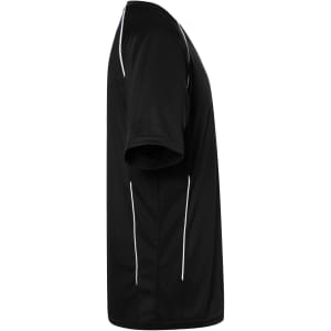 A black T-shirt featuring short sleeves and white piping details, with a logo on the front.