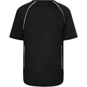 A black team shirt featuring a sporty design with contrasting white accents and a logo on the back.