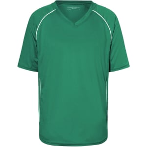 A green v-neck t-shirt with white accents, featuring a logo on the front. Suitable for team wear.