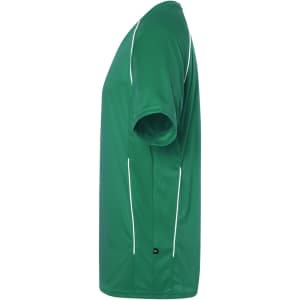 A green team shirt with white detailing; short sleeves and a subtle logo.