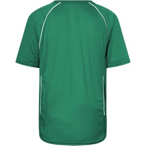 A green T-shirt with white piping, featuring a logo on the back.