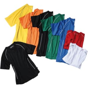 A variety of T-shirts in yellow, orange, green, blue, red, black, and white, featuring different colours and styles.