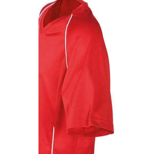 A red T-shirt featuring short sleeves and contrasting piping details. The shirt has a logo on the front.