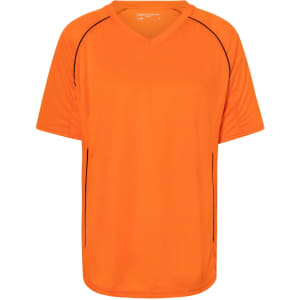 An orange T-shirt with a V-neck, featuring black accents and short sleeves. It has a logo on the chest.