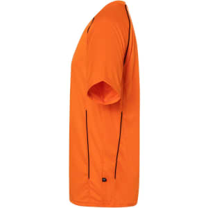 An orange team shirt with short sleeves and black detailing, featuring a logo on the side.