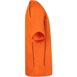 An orange T-shirt featuring side seams and black piping details. It has a logo on the front.