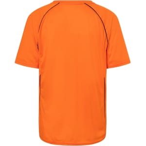 An orange T-shirt featuring black accents, designed with a comfortable fit and a logo on the back.
