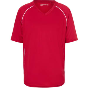 A red team shirt with short sleeves and a V-neck design, featuring white piping along the sides.