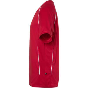 A red T-shirt featuring white piping along the seams. The shirt has a logo on it.