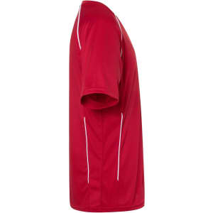 A red T-shirt featuring short sleeves and white piping details, with a logo visible on the fabric.