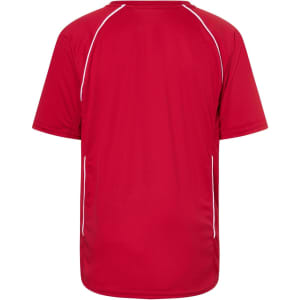 A red T-shirt with a plain back design and white piping details on the sides. It features a logo.