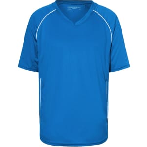 A blue team shirt with short sleeves and white accents, featuring a v-neck design and a logo.