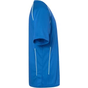 A blue team shirt with short sleeves features white detailing along the sides and includes a logo.