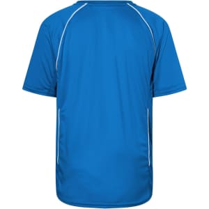 A blue t-shirt featuring a back design with contrasting white piping and a logo.