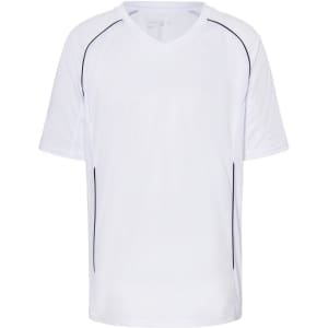 A white T-shirt with contrasting black stitching and a V-neck design. It features short sleeves and a relaxed fit.