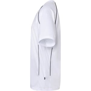 A white team shirt with short sleeves and black detailing along the sides. It features a logo on the front.