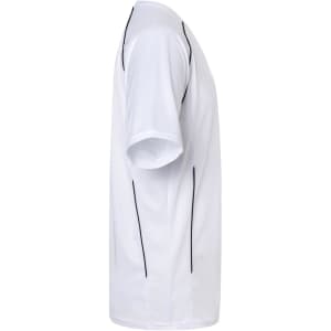 A white team shirt featuring black accents along the sides, displayed from a side angle.