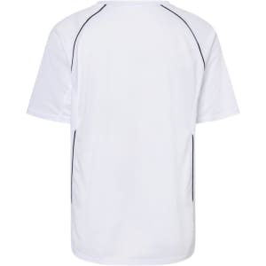 A plain white short-sleeve t-shirt with black accent stitching and a logo on the back.