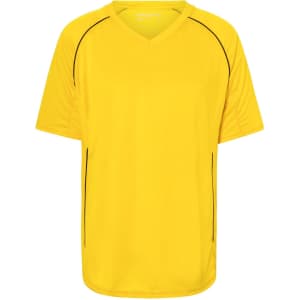 A yellow team shirt featuring a V-neck design and black accents, with a logo on the front.