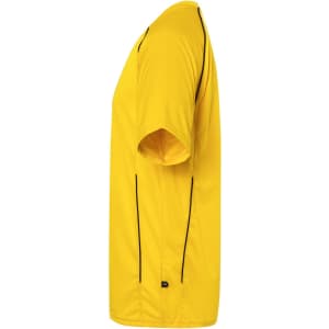 A yellow t-shirt with short sleeves and black contrast stitching along the sides, featuring a logo.
